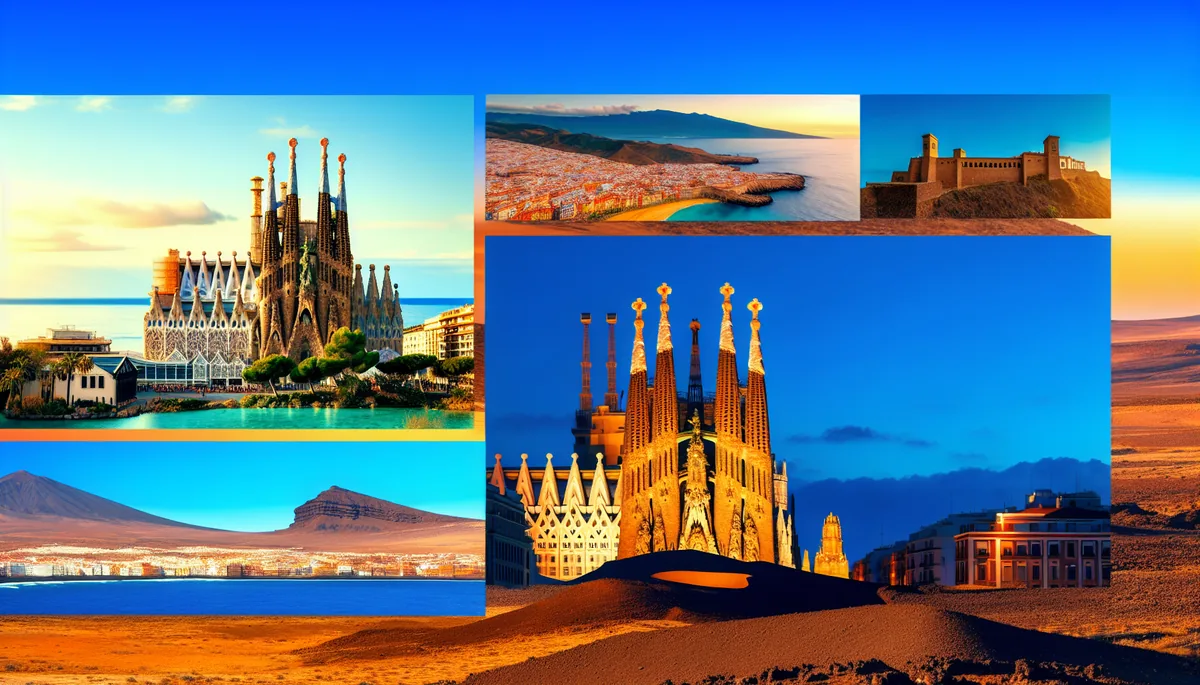 Stunning Spanish travel destinations showing Barcelona's Sagrada Familia, Madrid's architecture, and Canary Islands coastline in golden hour lighting