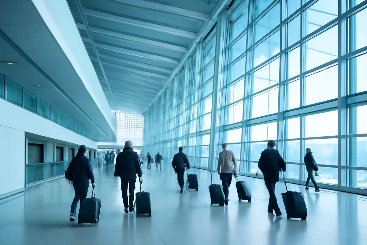 Modern airport terminal interior with travelers walking through a bright departure hall, showcasing contemporary architecture and travel connectivity