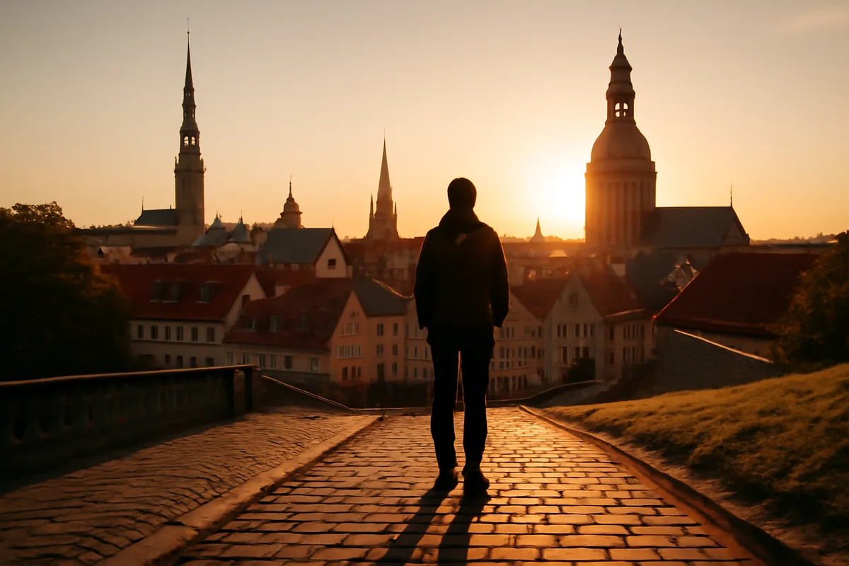 Silhouette of a traveler overlooking the historic Old Town of Riga, Latvia, with medieval architecture and church spires during golden hour
