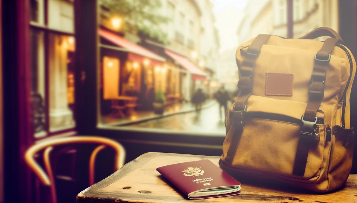 A traveler's backpack and passport resting on a wooden café table with warm morning light and a blurred European street scene in the background
