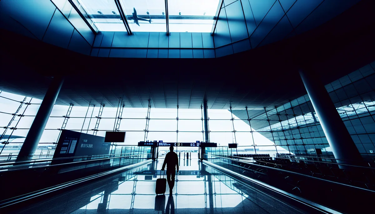 Silhouette of a traveler walking through a modern airport terminal with glass architecture and natural lighting