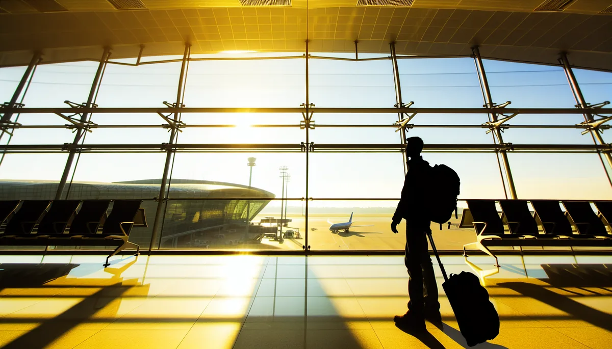 Silhouette of a traveler with backpack standing at airport departure gate during golden hour, with aircraft visible through large windows