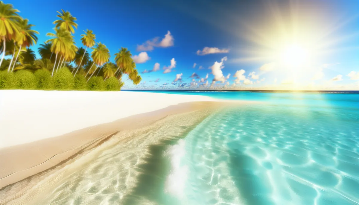 Stunning tropical beach with turquoise waters, white sand, and palm trees under golden sunlight - representing an ideal winter escape destination