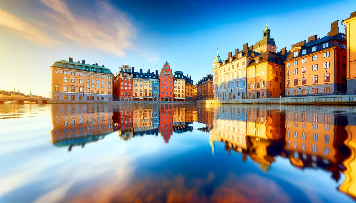 Stockholm's historic Gamla Stan district with colorful buildings reflecting in the harbor water during golden hour