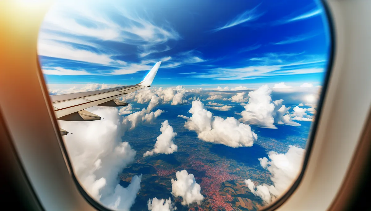 Aerial view from airplane window showing European landscape with fields, cities, and clouds below during daytime flight