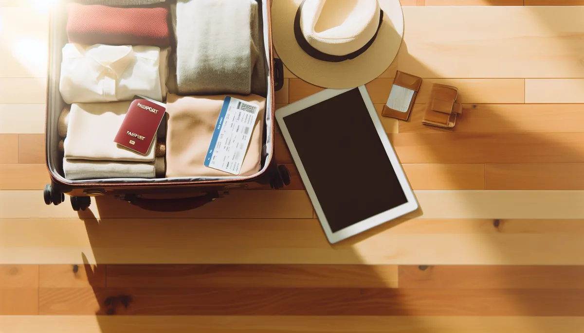 Overhead view of an open suitcase being packed with clothes and travel essentials on a wooden table, with soft natural lighting