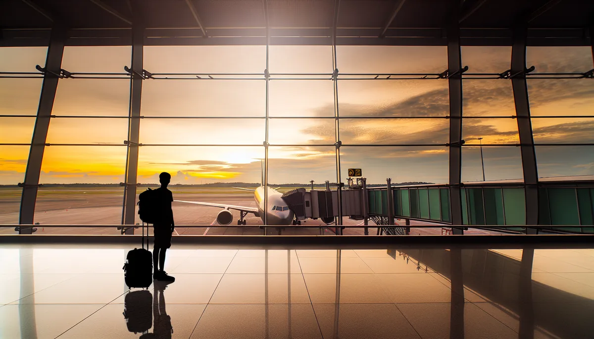 Silhouette of a traveler with backpack standing at airport departure gate with large windows showing aircraft on tarmac during golden hour