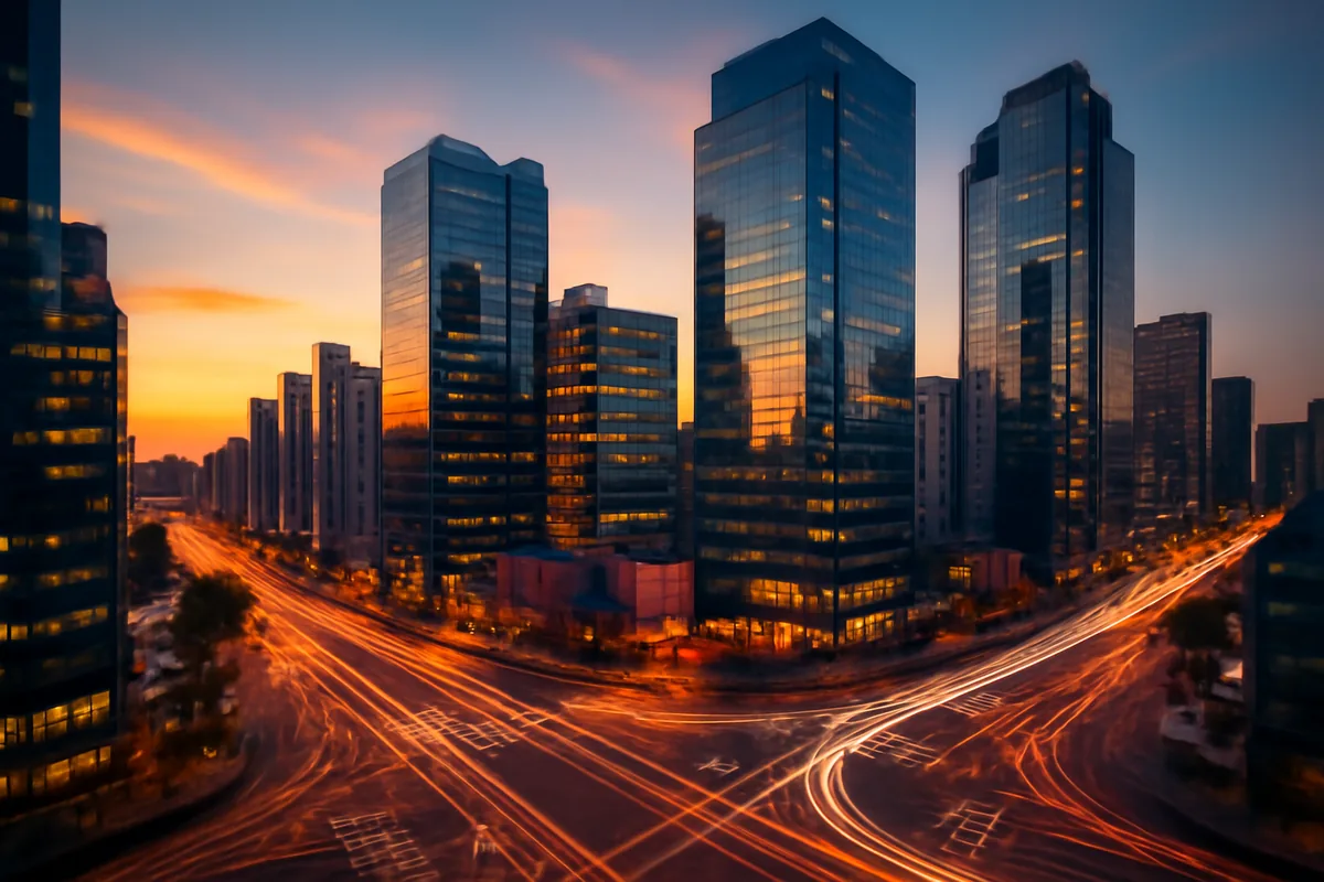 Modern city skyline at sunset with glass buildings and light trails from traffic, representing digital connectivity and modern technology