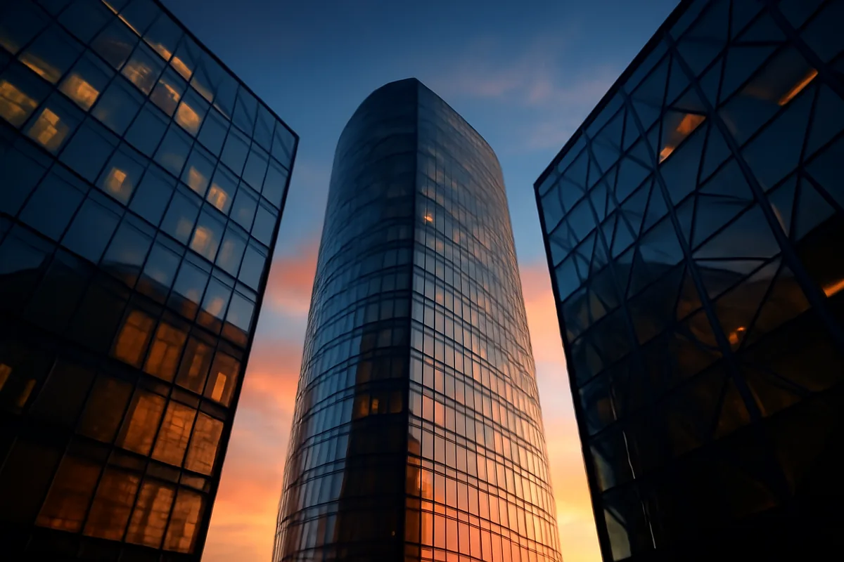 Modern glass office buildings in Riga's business district with geometric reflections during golden hour sunset