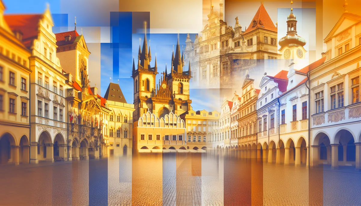 Panoramic view of European architecture featuring historic buildings, cobblestone streets, and iconic landmarks bathed in golden sunset light