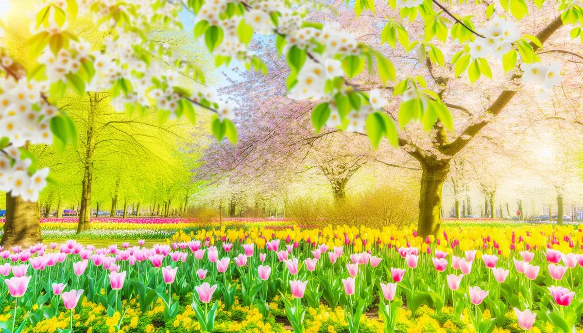 Beautiful spring landscape with blooming cherry blossoms and colorful tulips in a European park during golden hour lighting