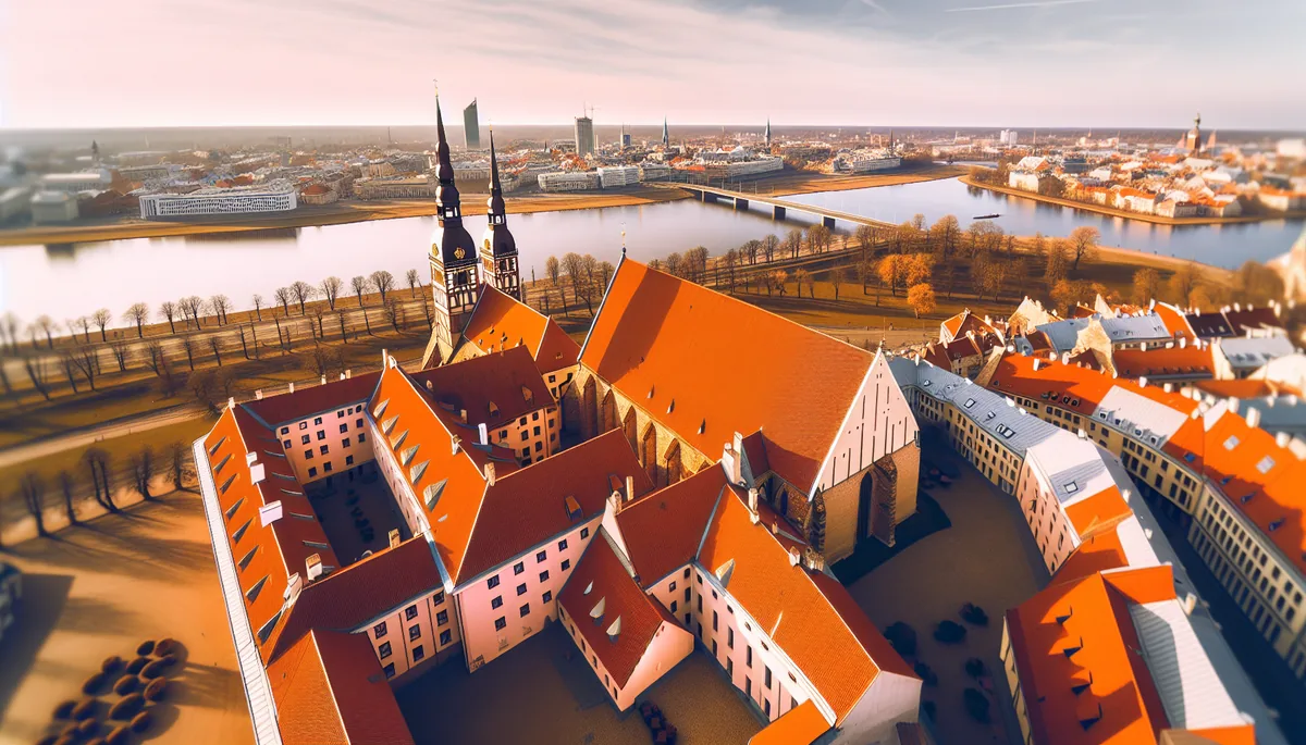 Aerial view of Riga's historic Old Town with traditional red rooftops, church spires, and the Daugava River, showcasing Latvia's blend of medieval and modern architecture in golden hour lighting