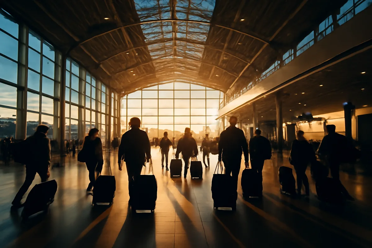 A bright and modern international airport departure hall with large glass windows, natural light, and silhouetted travelers preparing for their journeys abroad.