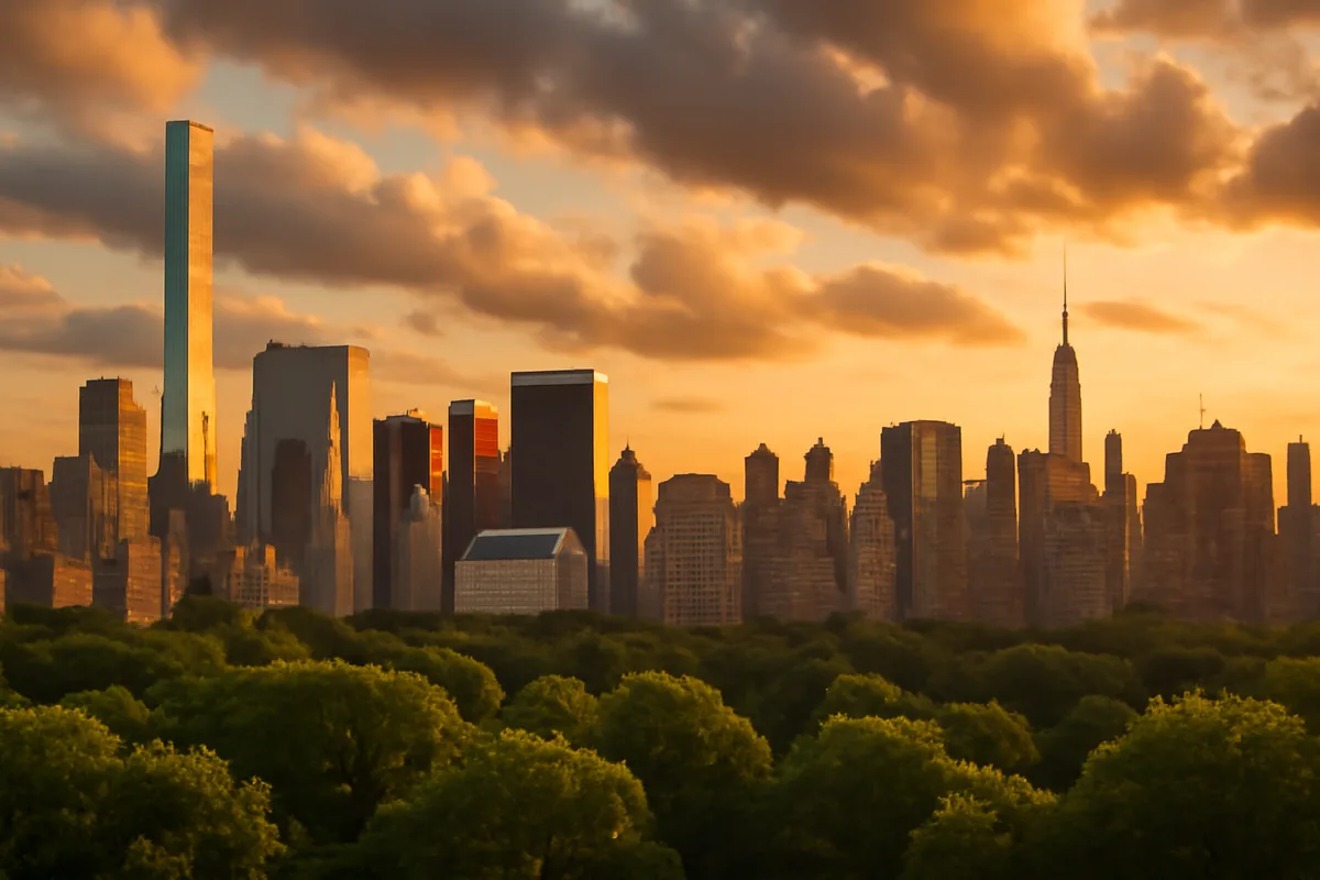 Golden hour panoramic view of the New York City skyline with Central Park's lush summer greenery in the foreground, warm amber light reflecting off skyscrapers under a dramatic sky.