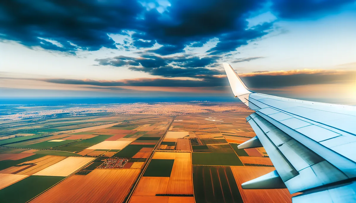 Aerial view from airplane window showing European landscape with fields and cities below during golden hour