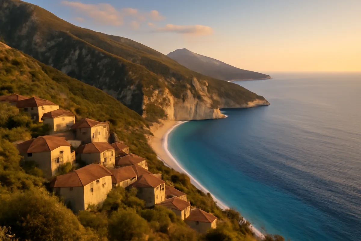 Breathtaking view of the Albanian Riviera showing turquoise waters, coastal cliffs, and traditional mountain villages during golden hour