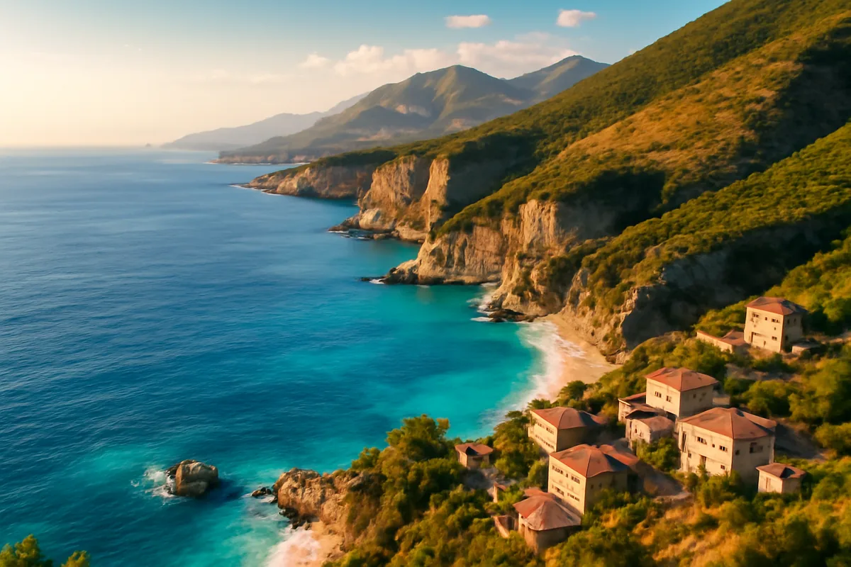 Breathtaking view of the Albanian Riviera showing turquoise waters, dramatic coastal cliffs, and traditional hillside villages bathed in golden sunlight