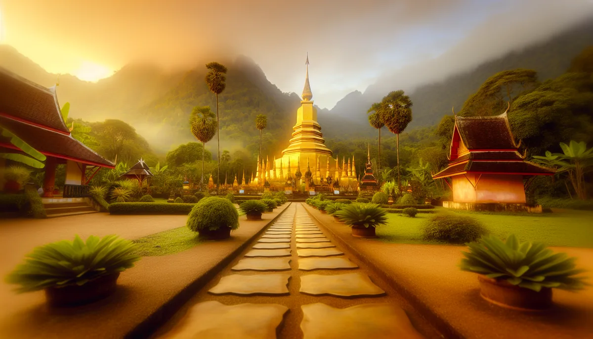 Golden Buddhist temple with traditional Asian pagoda architecture nestled among tropical greenery with misty mountains in the background during golden hour