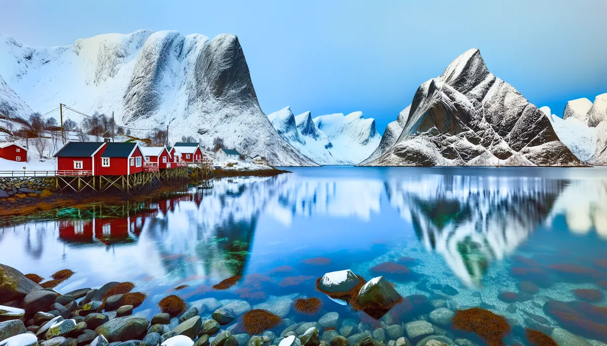 Scenic Norwegian fjord landscape with snow-covered mountains, traditional red cabins, and pristine winter waters reflecting the peaks