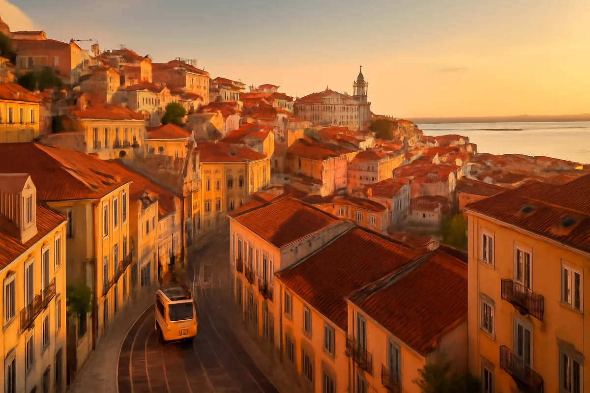 Panoramic golden hour view of Lisbon's iconic hillside neighborhoods with terracotta rooftops, pastel-colored buildings, and the Tagus River visible in the background