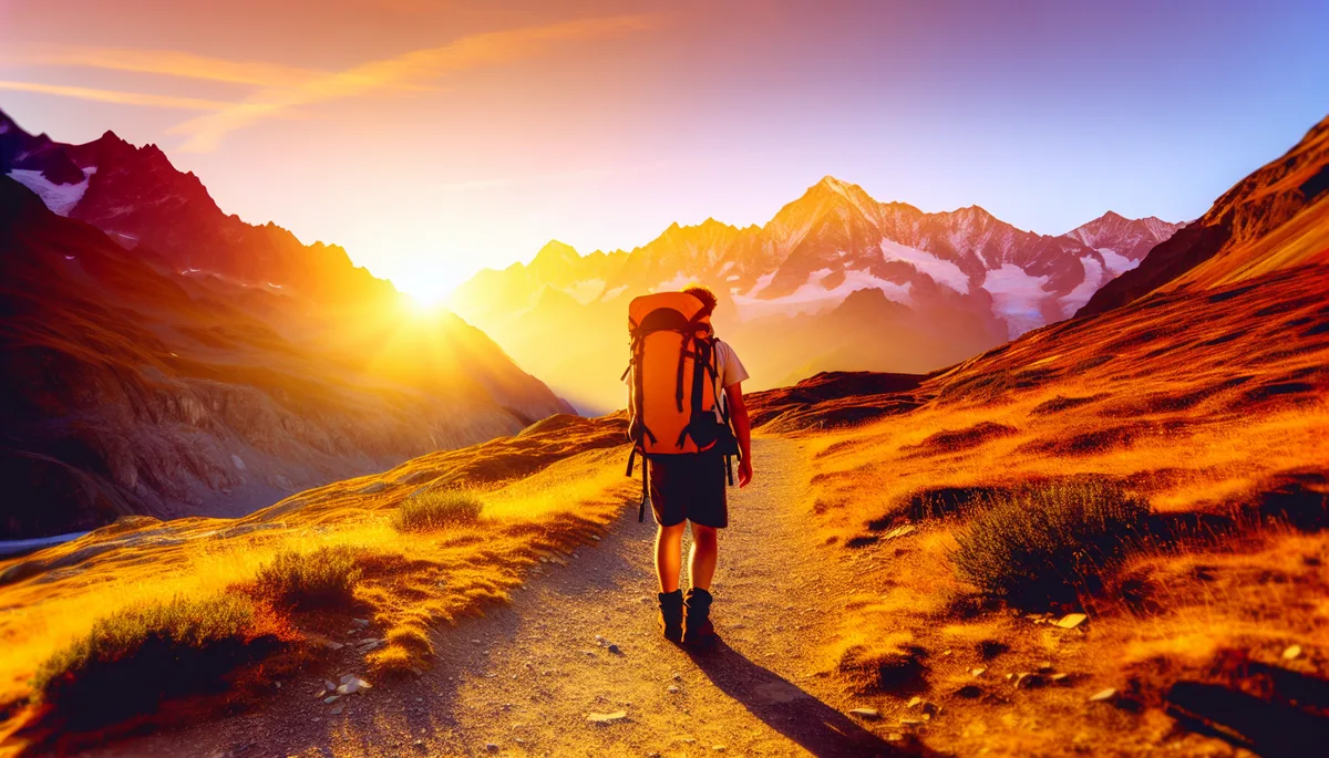 Silhouette of a backpacker walking on a mountain trail at sunrise with snow-capped Alps in the background and golden morning light