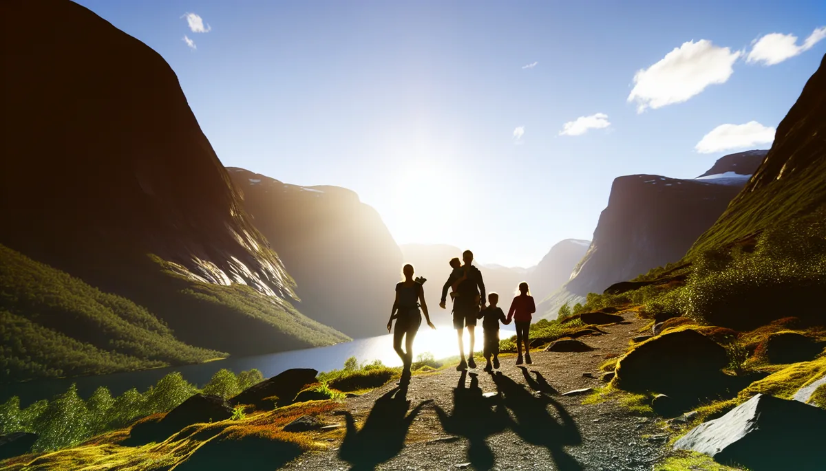Family silhouettes walking together on a mountain trail with Norwegian fjords and dramatic peaks in the background during golden hour