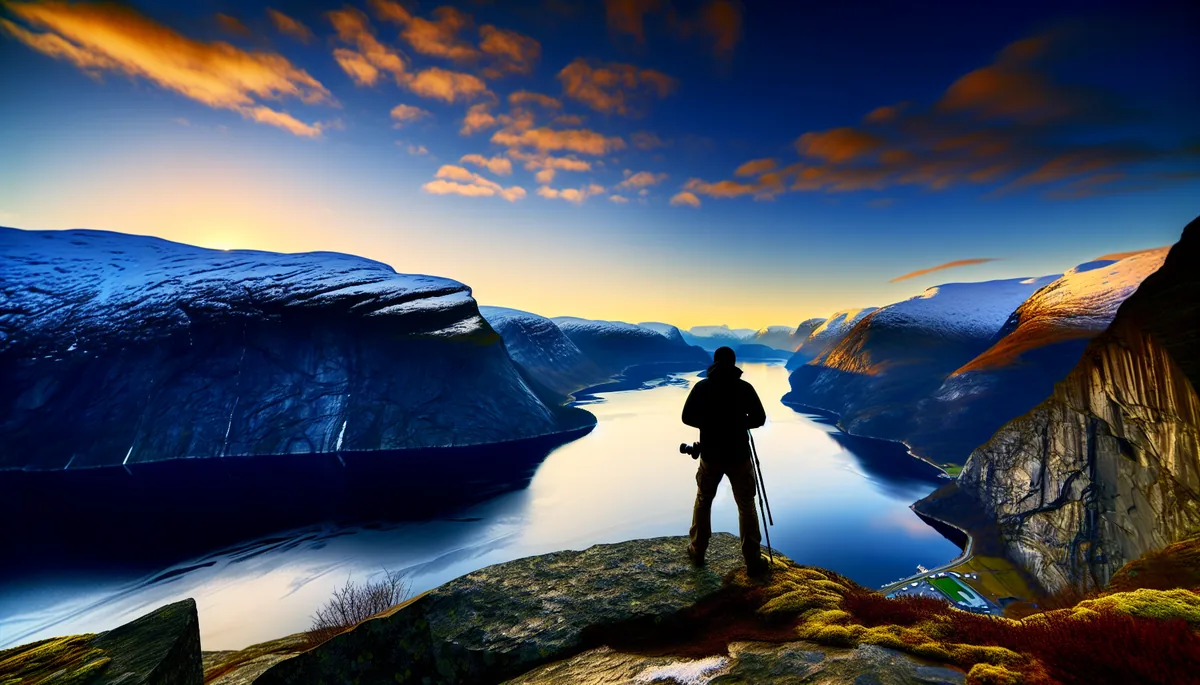 Silhouette of a traveler overlooking a Norwegian fjord with mountains and golden hour lighting