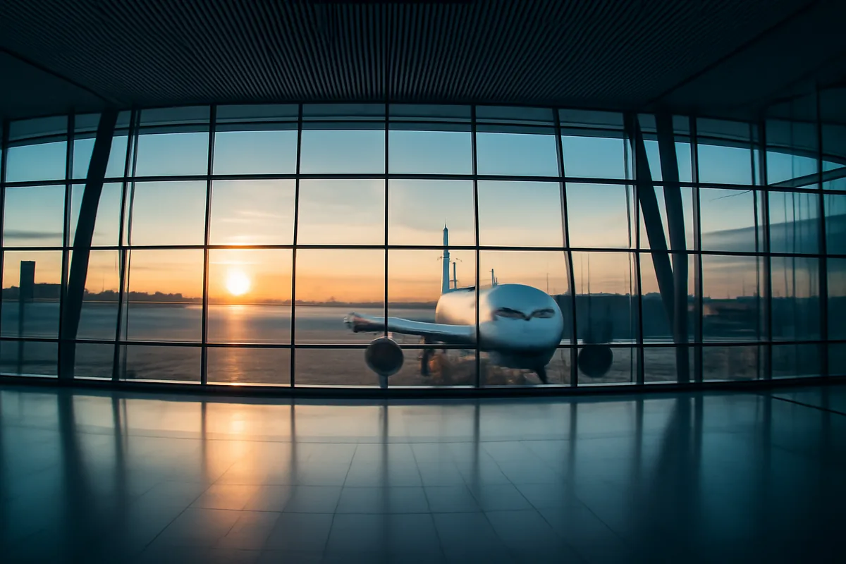 A modern international airport terminal with large glass windows overlooking aircraft on the tarmac at golden hour, representing global travel and seamless connectivity.