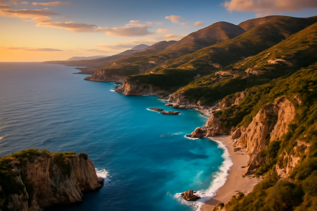 Stunning aerial view of the Albanian Riviera coastline with turquoise waters, dramatic cliffs, and a hillside village bathed in golden hour light