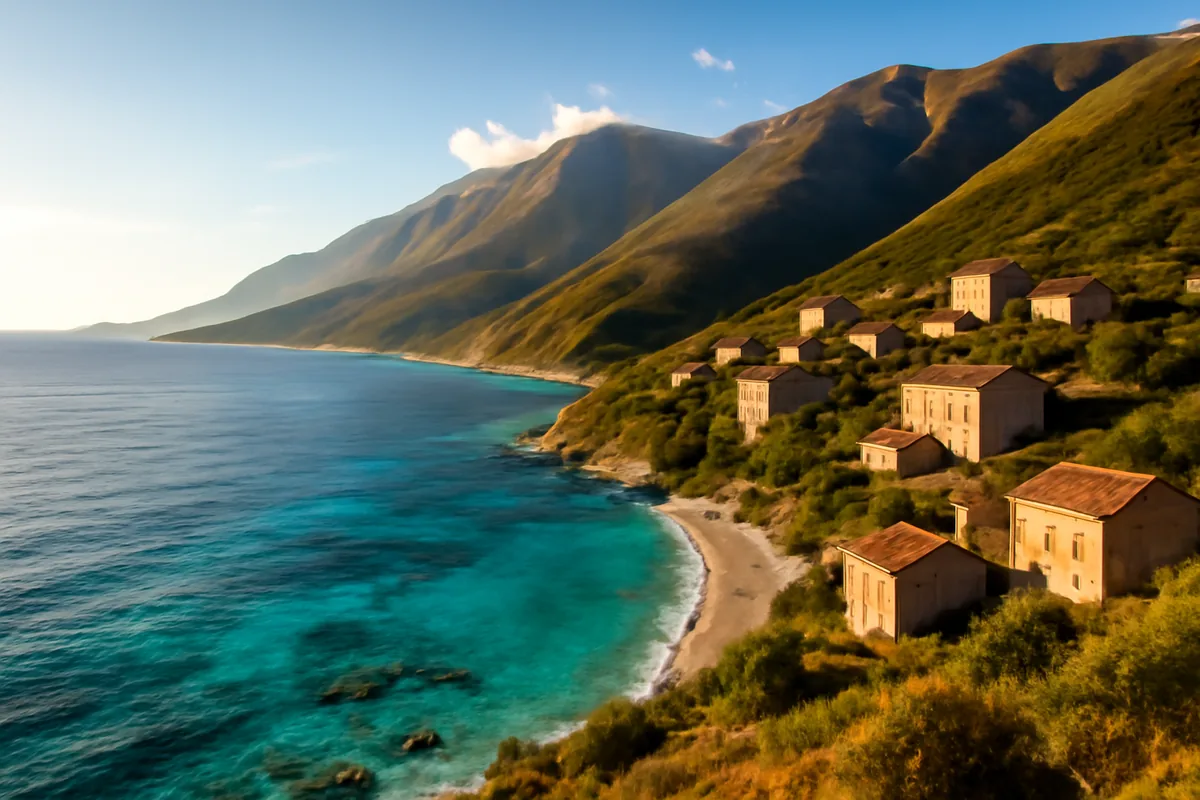 Breathtaking view of the Albanian Riviera showing turquoise coastal waters, mountainous coastline, and traditional hillside villages under golden Mediterranean sunlight