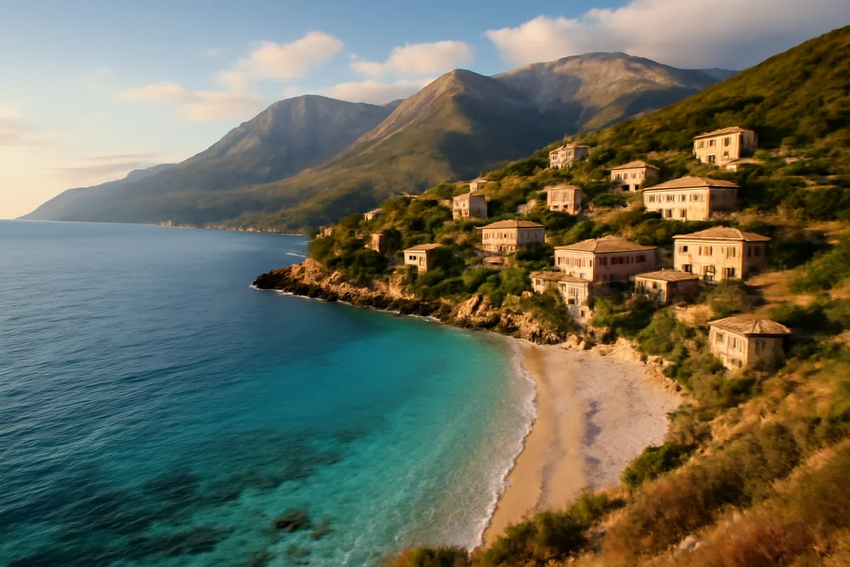 Scenic view of the Albanian Riviera showing turquoise coastal waters, traditional hillside village with stone houses, and dramatic mountains in the background during golden hour