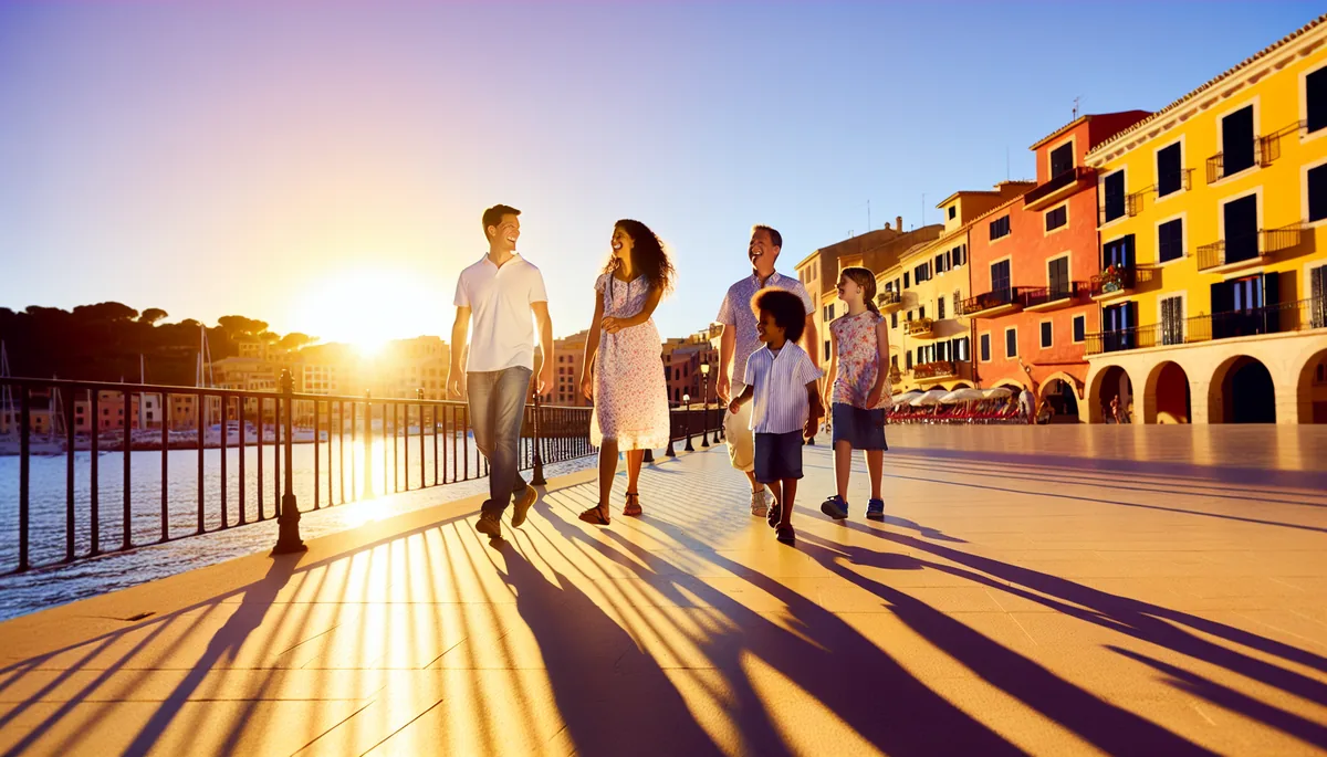 Family silhouettes walking on a Mediterranean beach boardwalk at sunset with colorful coastal buildings in the background