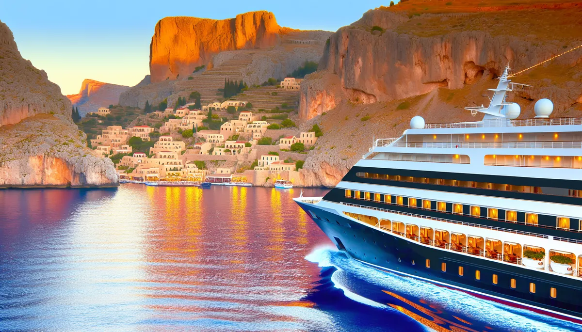Elegant cruise ship sailing through blue Mediterranean waters with coastal cliffs and villages visible in the background during golden hour