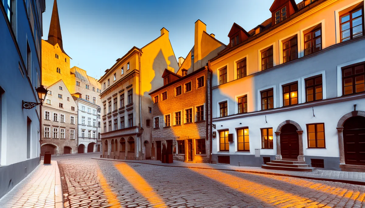 Scenic European city street with historic cobblestone pathway, traditional architecture, and warm golden lighting