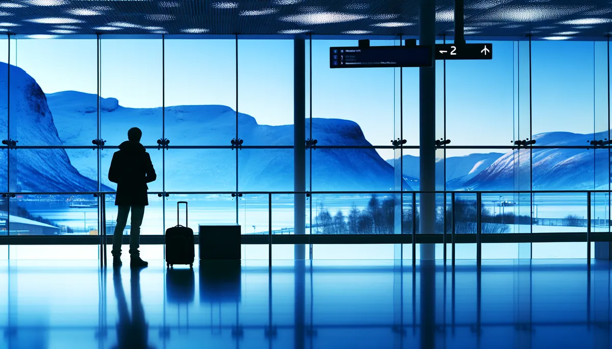 Silhouette of a traveler standing at an airport departure gate with large windows showing Norwegian fjords and snow-capped mountains in the background