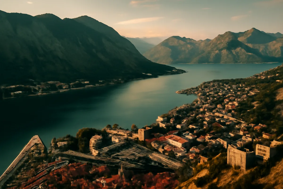 Aerial panoramic view of Kotor Bay in Montenegro, showing the historic walled old town surrounded by dramatic mountains and the calm blue-green Adriatic Sea at golden hour