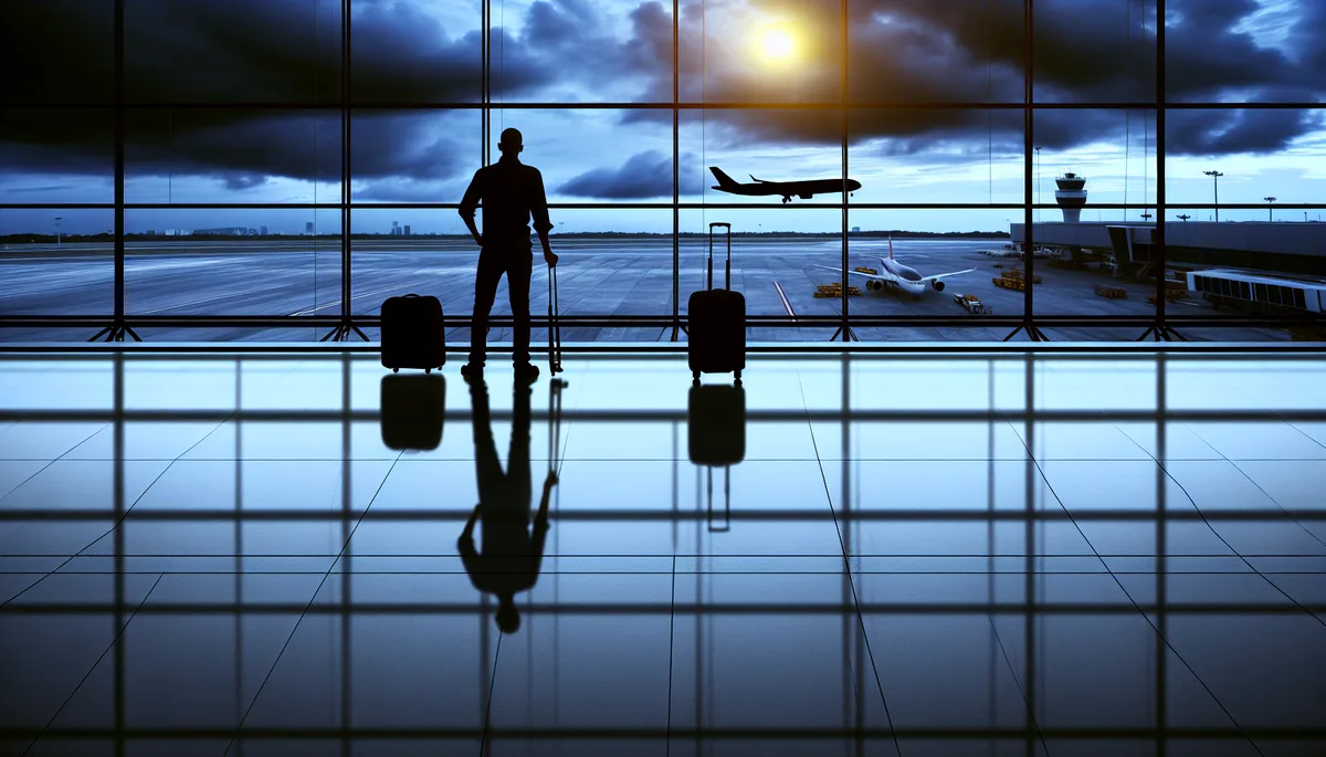 Silhouette of a traveler with luggage standing alone at an airport terminal window, looking out at planes on the tarmac under a moody, overcast sky