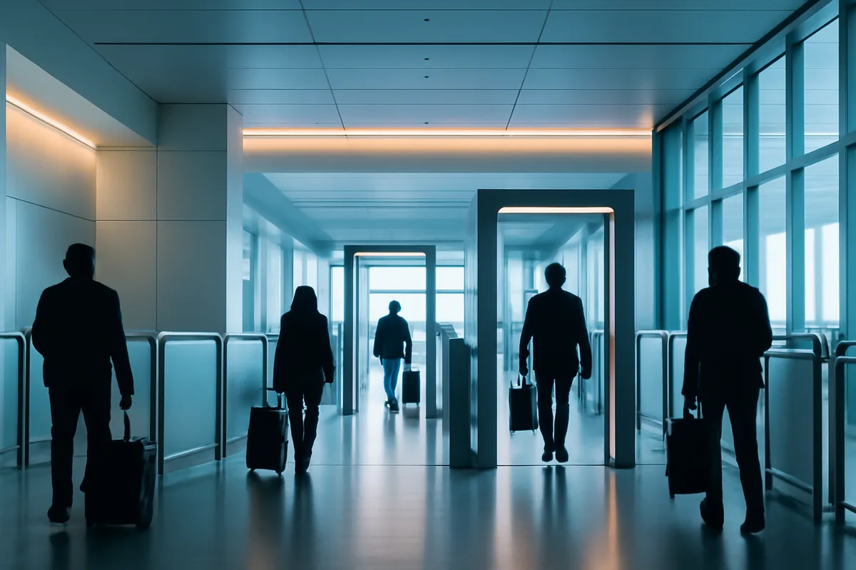 Modern airport security area with travelers walking through a bright, secure corridor with contemporary architecture