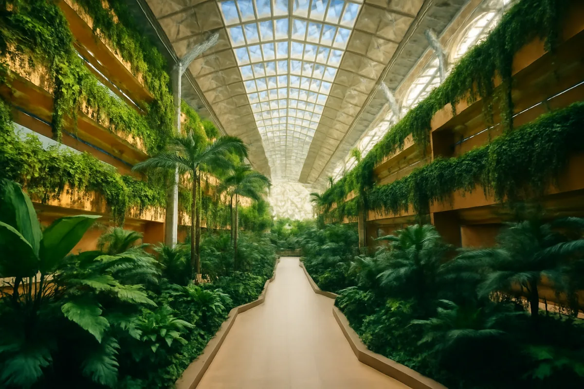 The iconic interior of Singapore Changi Airport featuring its famous tropical garden atrium with lush greenery, soaring glass ceiling, and warm natural light filtering through geometric panels