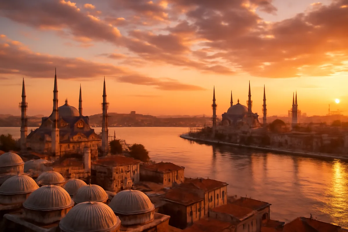 Aerial panoramic view of Istanbul's historic skyline at golden hour, with iconic mosque domes and minarets reflected in the Bosphorus strait under a warm amber sky.