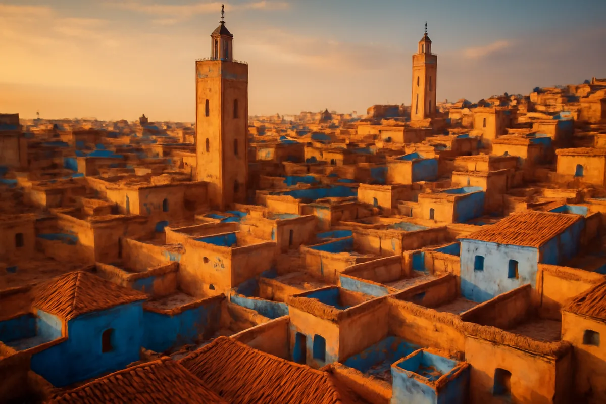 Aerial view of a traditional Moroccan medina at golden hour, with terracotta rooftops, a prominent minaret, and warm amber light illuminating the ancient city walls