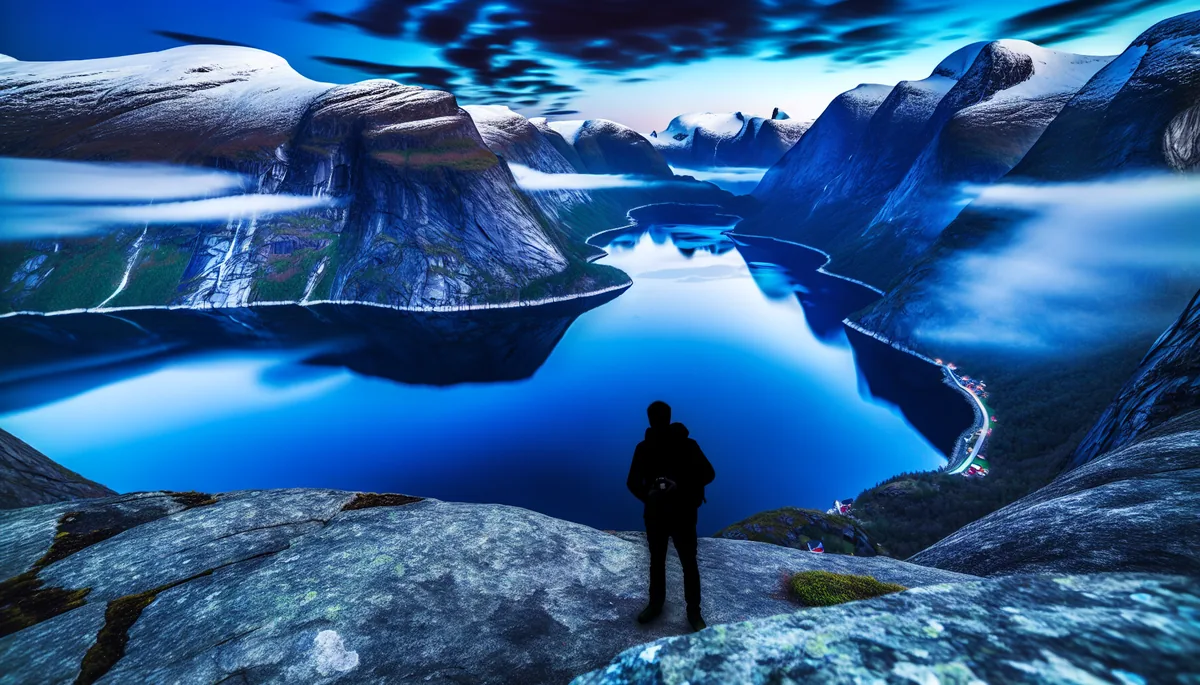 Silhouette of a person standing on rocky shoreline overlooking a Norwegian fjord with snow-capped mountains and northern lights in the twilight sky