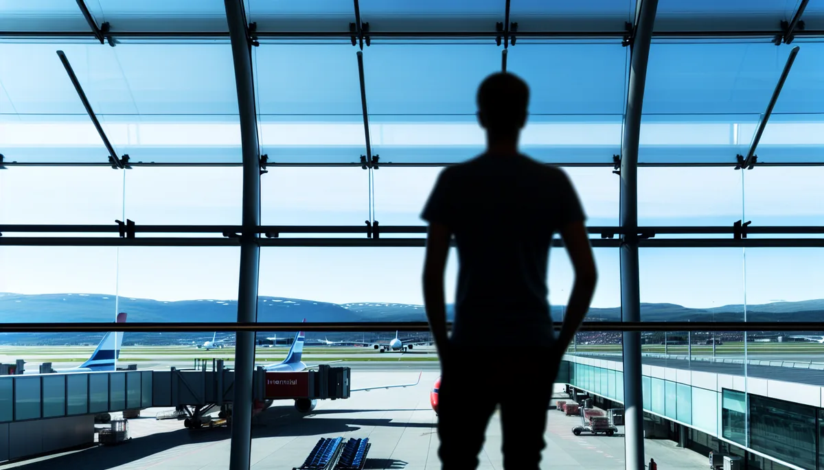 Silhouette of a traveler at a modern airport terminal looking out at planes on the tarmac, representing international travel decisions