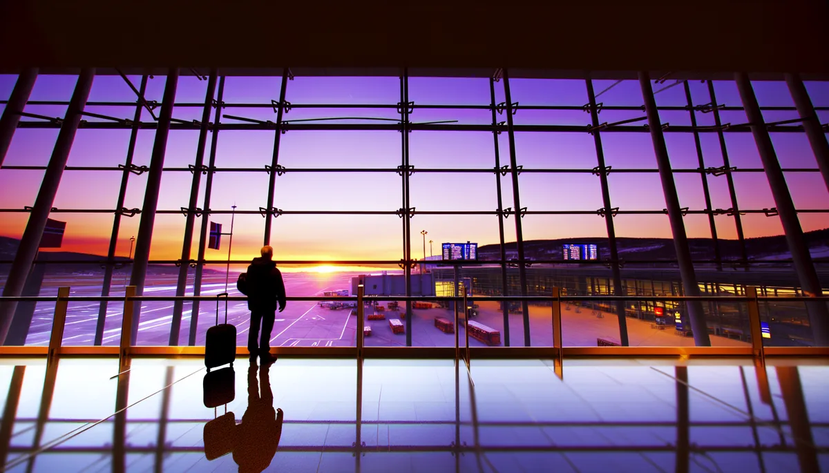 Silhouette of a traveler standing at an airport terminal window during sunset, with departure gates visible in the background