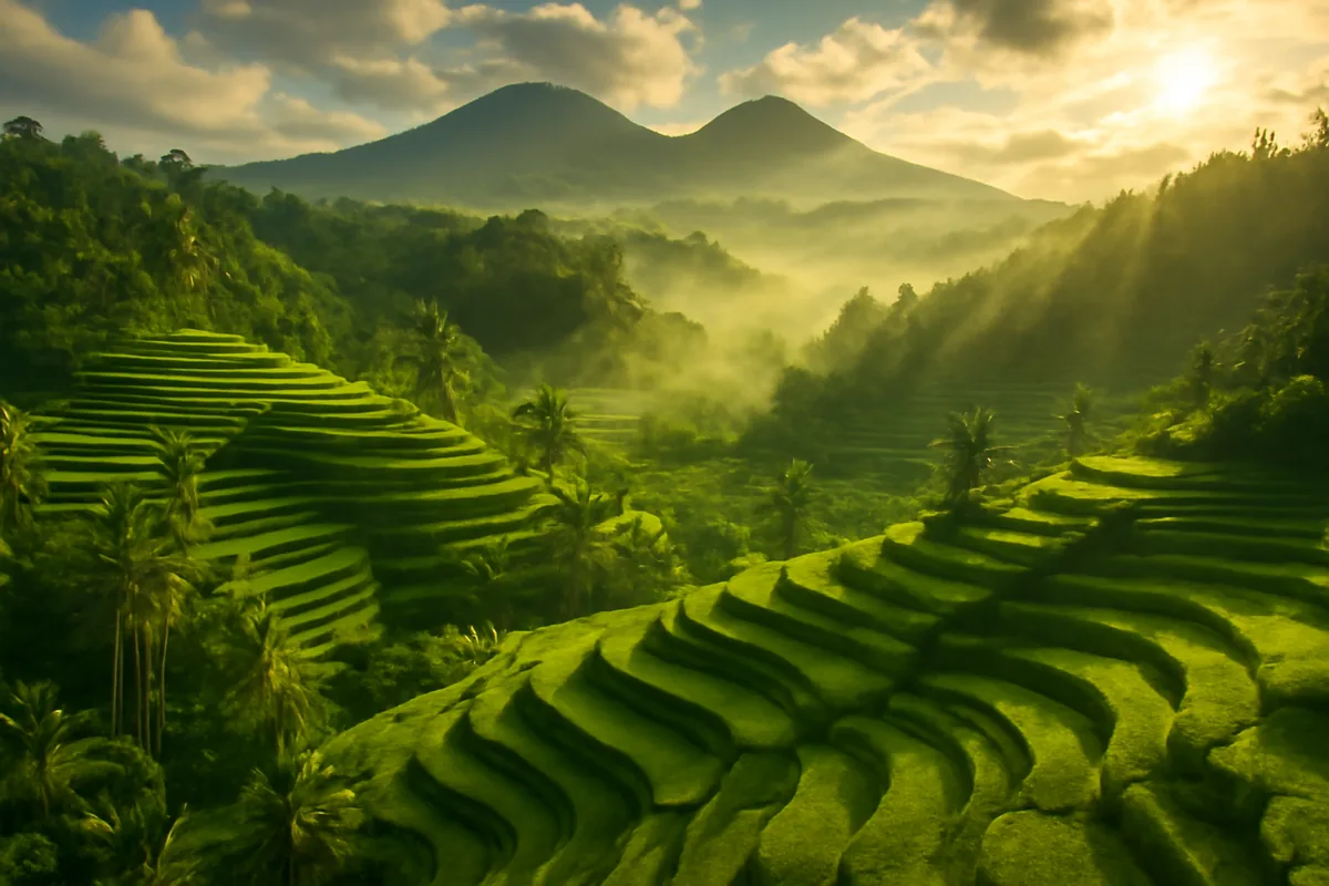 Aerial view of lush green rice terraces on volcanic hillsides in Bali, Indonesia, with morning mist and golden sunlight