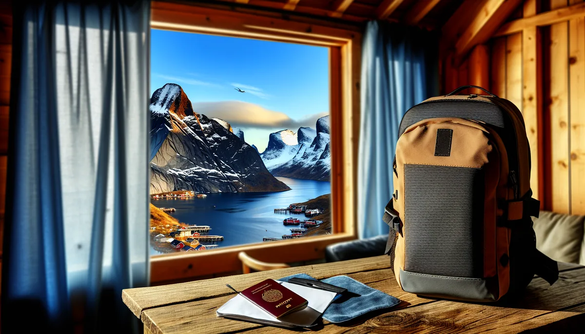 Travel essentials including backpack and passport on wooden table with scenic Norwegian fjord and mountains visible through window