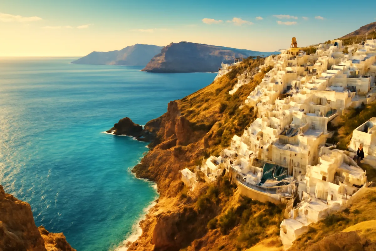 A stunning panoramic view of a whitewashed Mediterranean coastal village perched on cliffs above a turquoise sea, bathed in warm golden afternoon sunlight