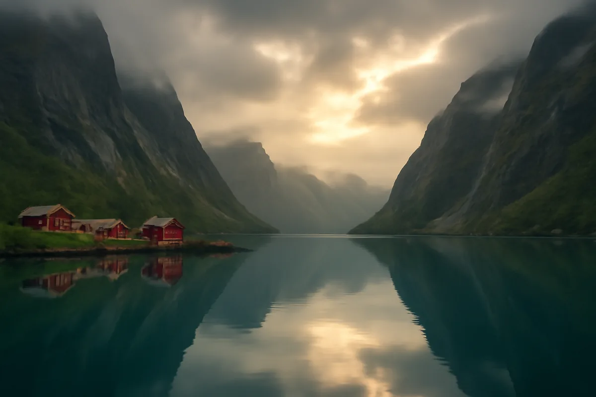 A breathtaking Norwegian fjord with steep mountain cliffs, calm reflective turquoise water, and traditional red wooden cabins along the shoreline under soft Nordic light