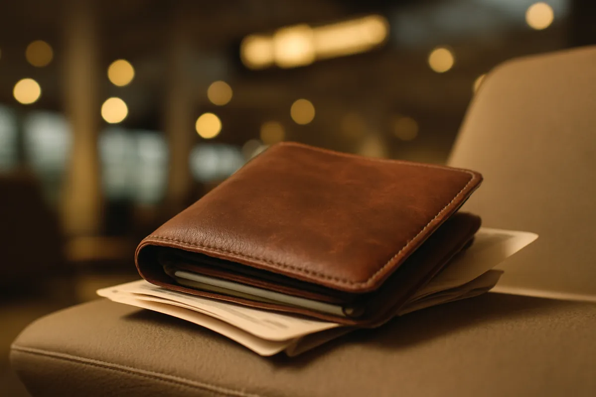A leather passport holder resting on an airport departure lounge seat with a softly blurred terminal gate area in the background, evoking pre-travel preparation