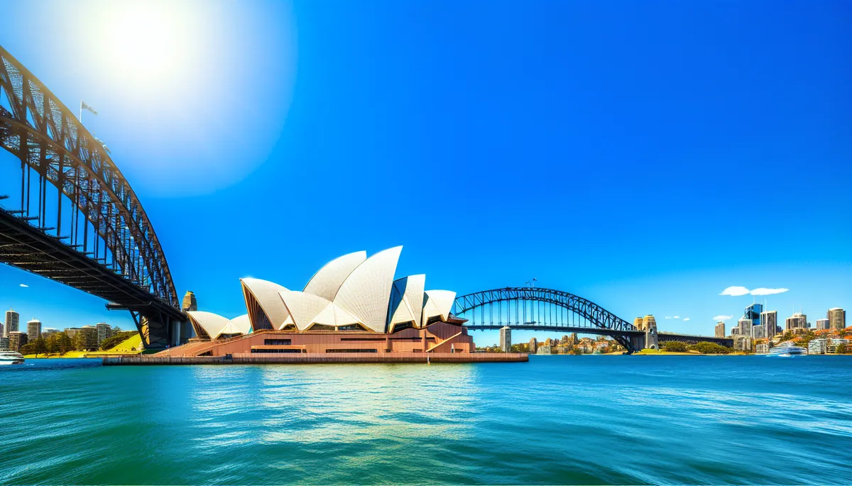 Sydney Opera House and Harbour Bridge viewed across the sparkling harbor waters under bright blue Australian sky